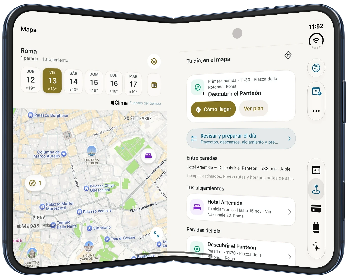 Traivu en el simulador iPhone Duo parcialmente plegado con la interfaz adaptada
