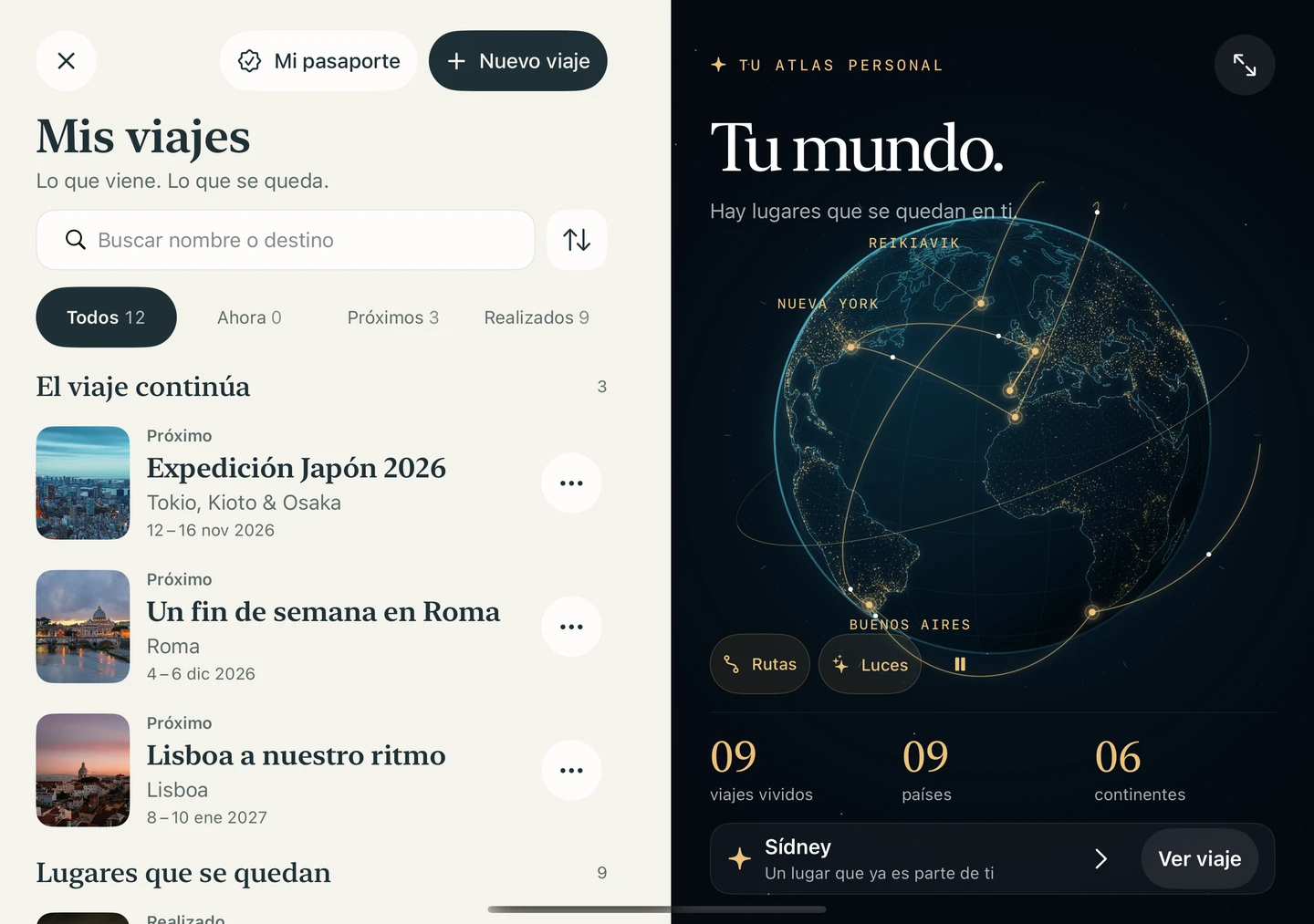 Mis viajes en la pantalla interior del simulador iPhone Duo, con la biblioteca y el atlas personal Tu mundo y viajes ficticios