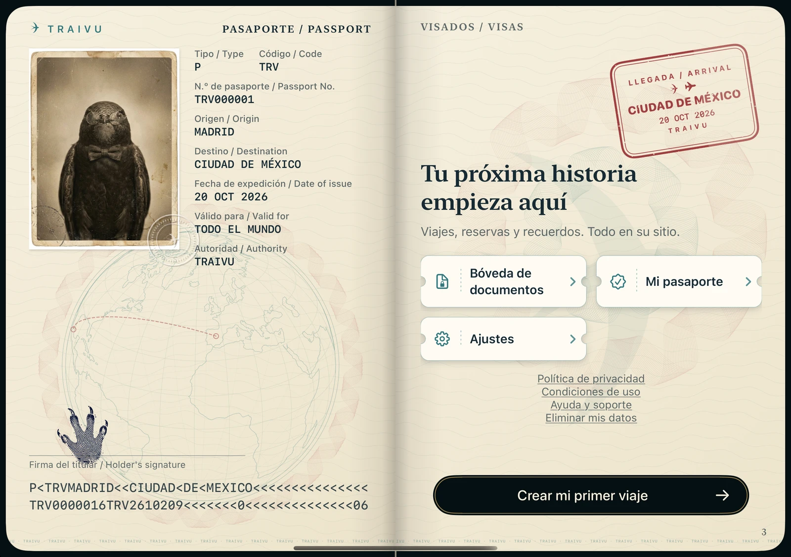Pasaporte abierto de Traivu en la pantalla interior del simulador iPhone Duo, sin viajes creados: página de datos con el retrato sepia del vencejo y página de visados con un sello de llegada