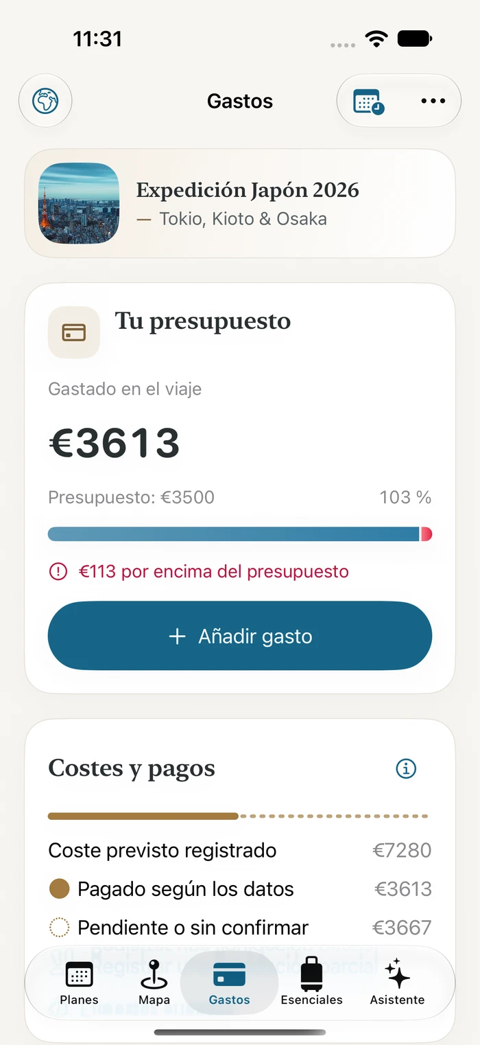 Pantalla actual de gastos de Traivu con categorías e importes ficticios