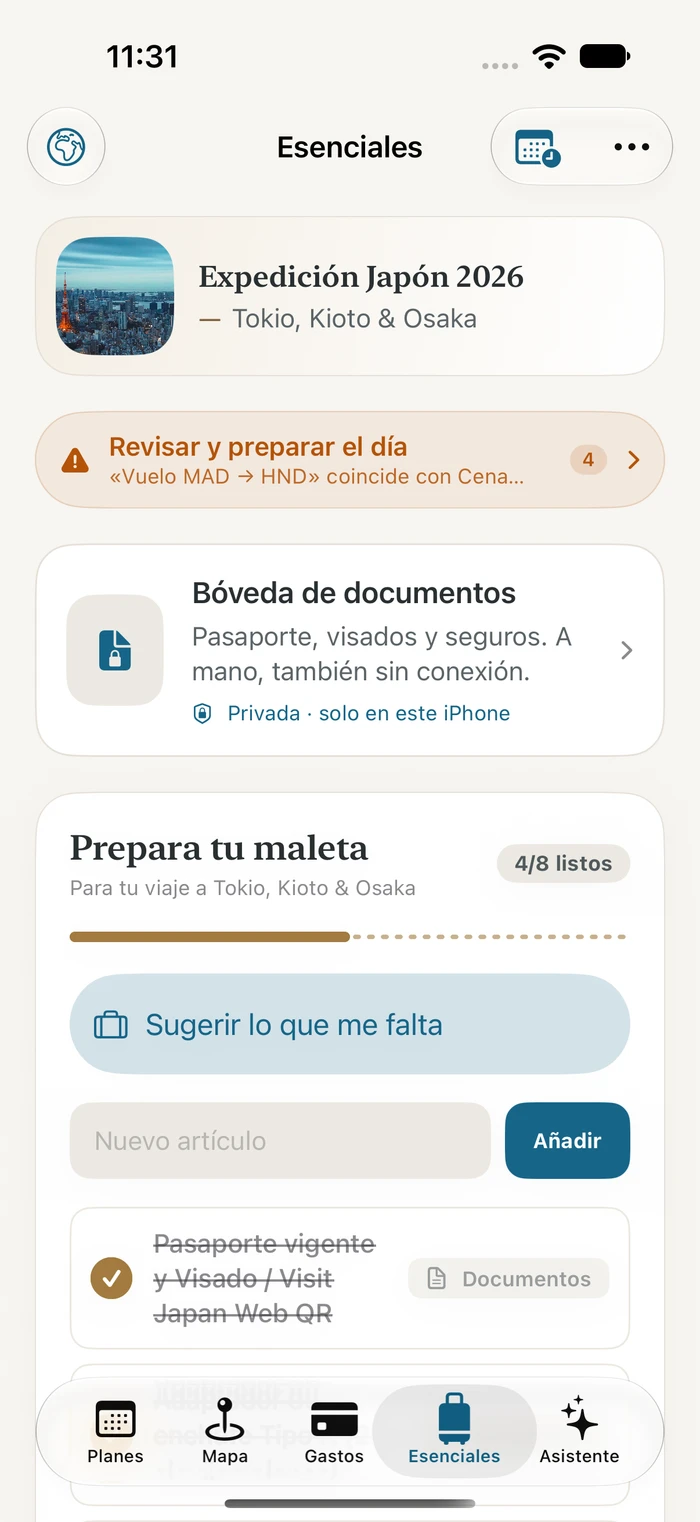 Pantalla actual de Esenciales de Traivu con una maleta y reservas de demostración