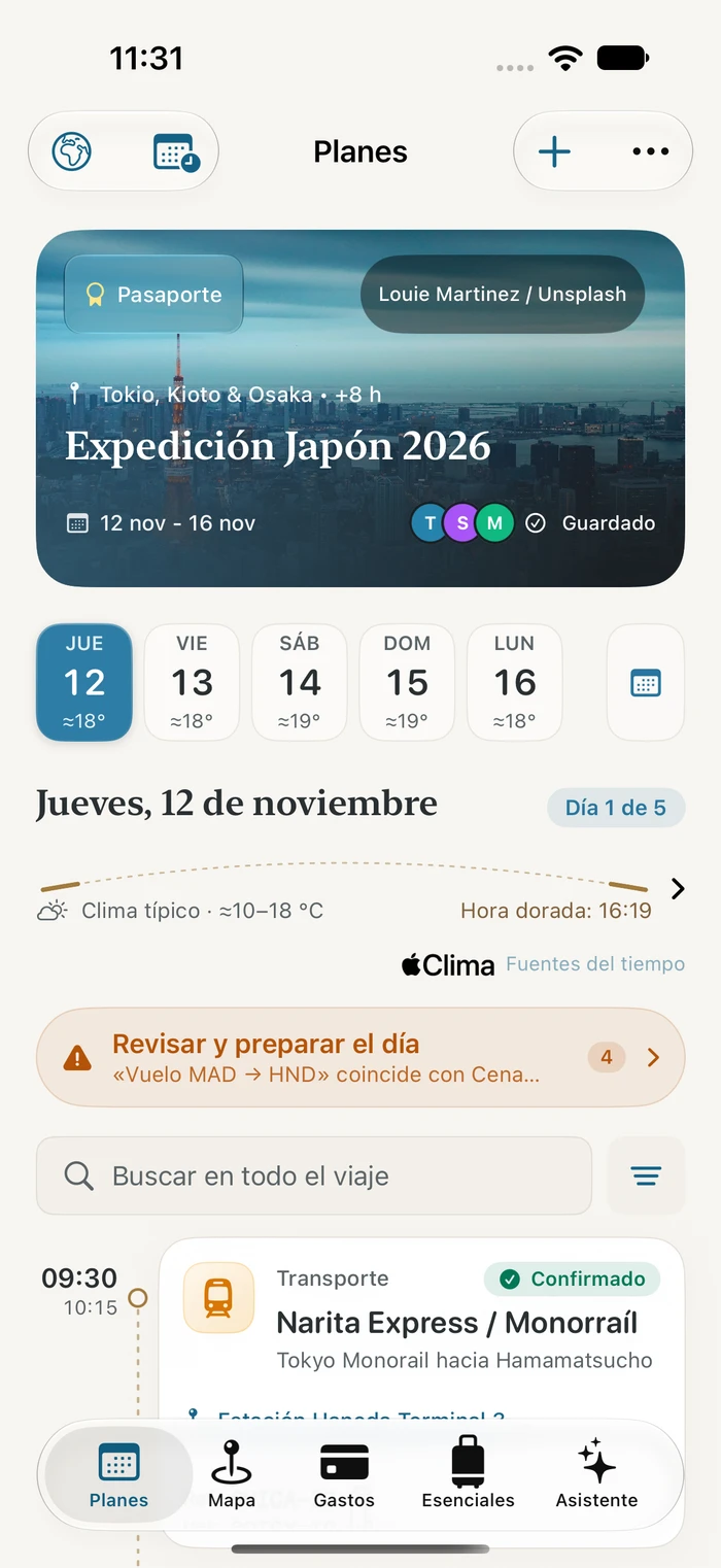 Interfaz actual de Traivu con la agenda de un viaje ficticio a Japón