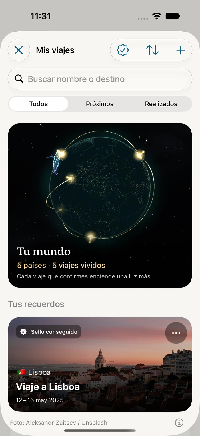 Tu mundo en Traivu con cinco viajes ficticios realizados, cinco países y destinos iluminados unidos por un hilo dorado
