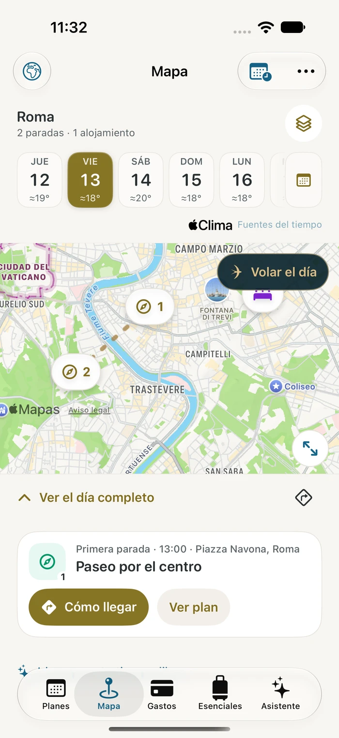 Mapa actual de Traivu con la ruta dorada entre dos paradas, el alojamiento y el botón Volar el día, en un viaje ficticio a Roma